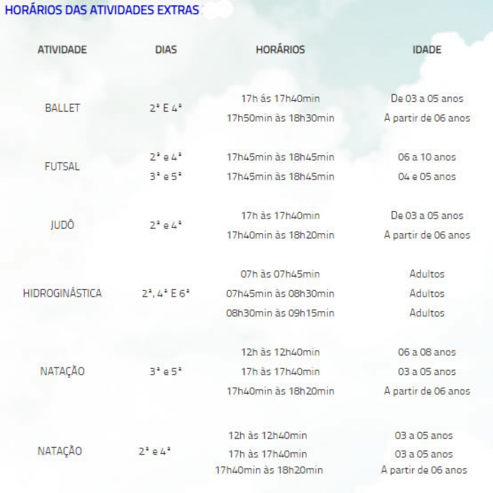 Horários das Atividades - SEUC